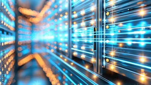 Advanced Server Room Featuring Glowing Blue and White LED Lights, Sleek Design, Data Cables, and Fiber Optics with Bright Blue Pulses Indicating High-Speed Data Transmission.