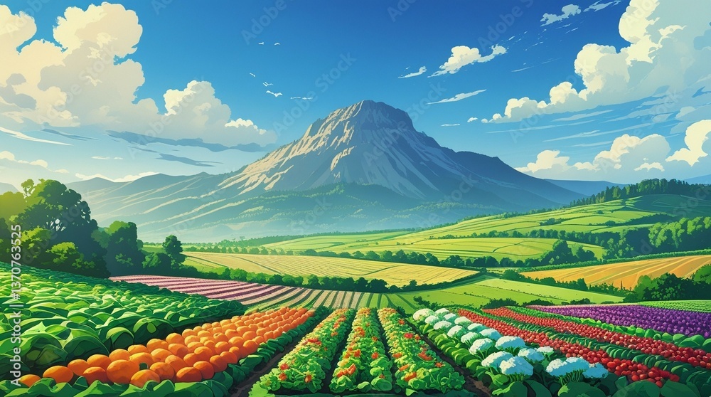 Obraz premium Colorful Vegetable Farm Landscape with Mountain Background - Vibrant Agricultural Scene at Sunrise