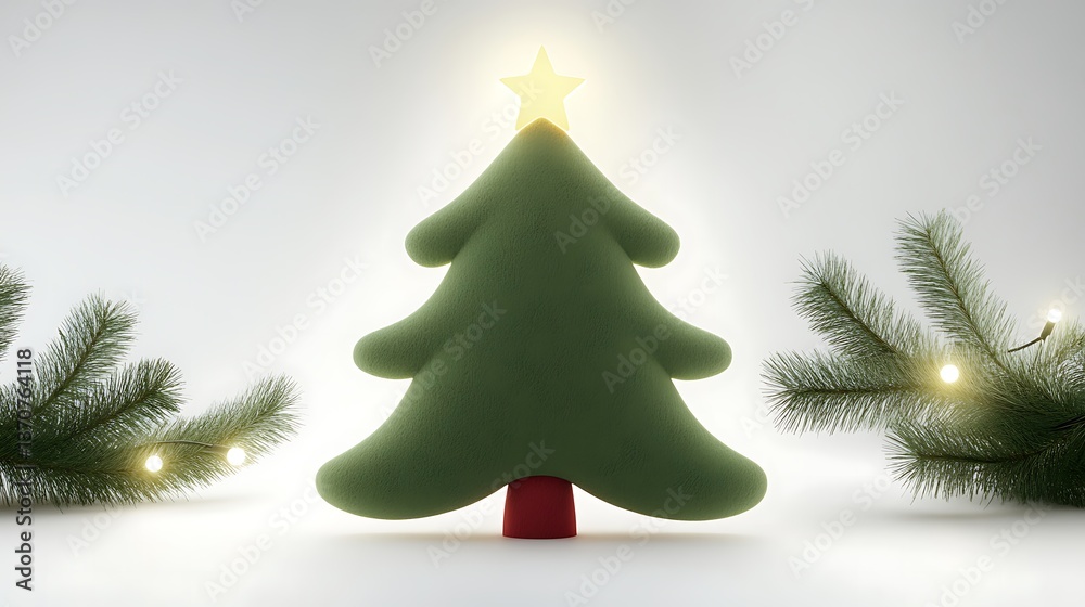 Green christmas tree with glowing star and pine branches with fairy lights Green christmas tree with glowing star and pine branches with fairy lights