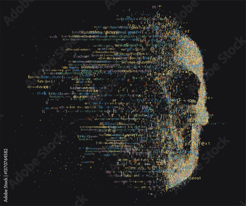 Vector illustration of a skull composed of colorful programming code on a dark background. Abstract cyber-themed digital art. Conceptual image of risks or dark side of the digital age