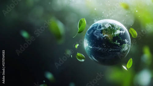 digital representation of Earth surrounded by floating green leaves symbolizes environmental sustainability and bio circular economy. scene conveys sense of harmony and ecological balance