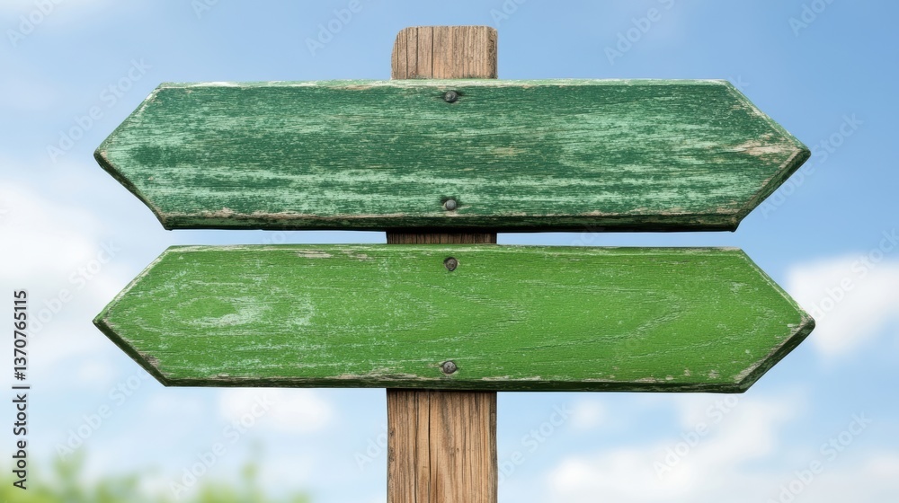 Naklejka premium A weathered green wooden signpost with two blank arrows against a clear blue sky, ideal for use in travel, navigation, or outdoor adventure themes,