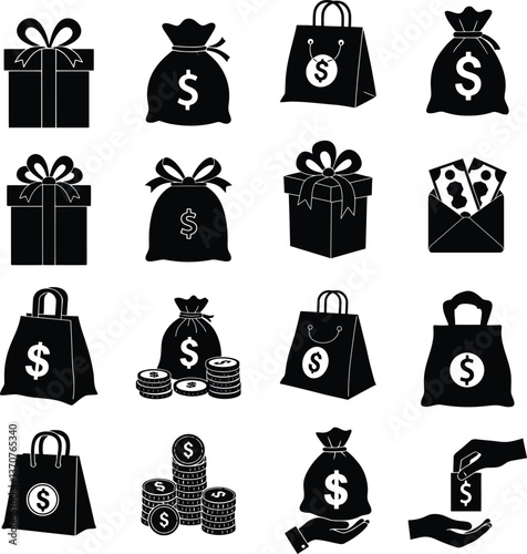 Collection of gift boxes, money bags, and shopping bags with dollar symbols.