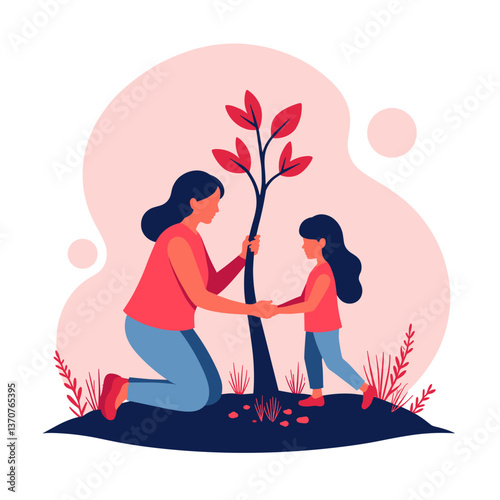 Mother and Daughter Planting a Tree on a Colorful Background  