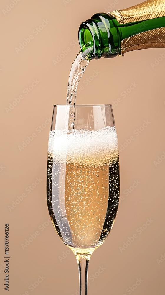 custom made wallpaper toronto digitalSparkling champagne is poured from a bottle into a tall elegant glass flute against a soft beige background perfect for celebratory occasions.
