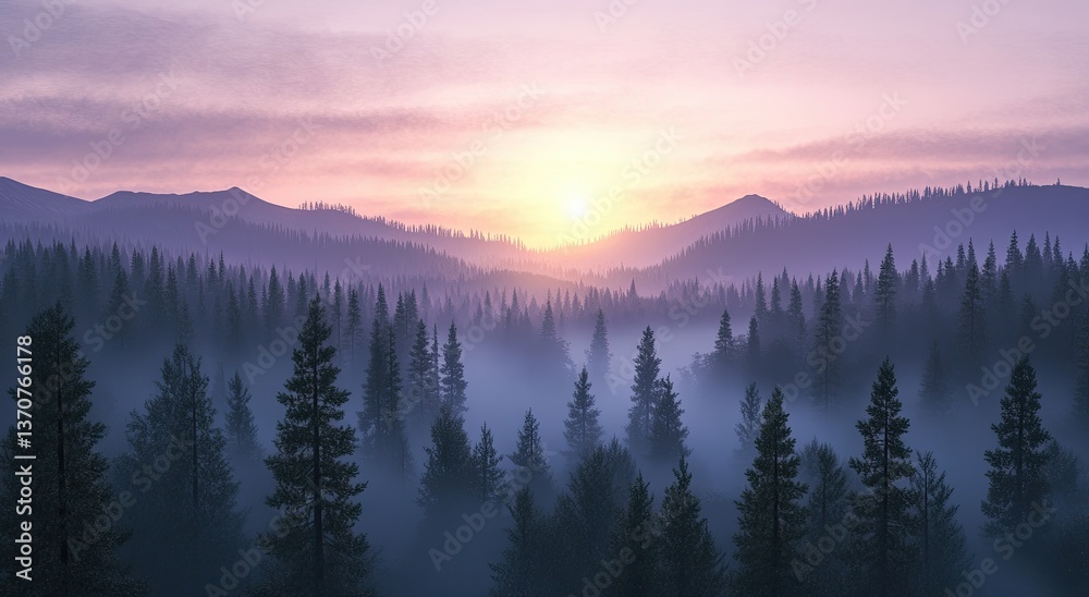 The fog-draped forest and soft, rolling hills blend harmoniously, offering a quiet and reflective ambiance The fog-draped forest and soft, rolling hills blend harmoniously, offering a quiet and reflective ambiance