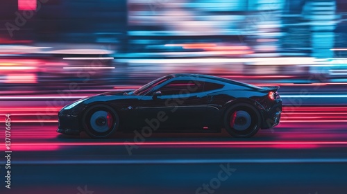 Sleek sports car driving at high speed through a futuristic cityscape at night photo