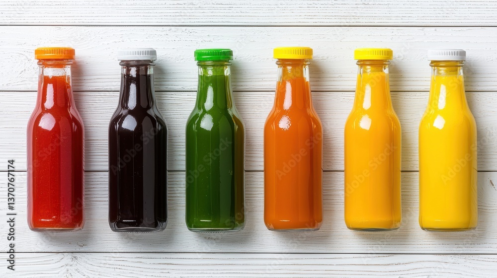 Six colorful glass bottles filled with various juices or sauces arranged in a row on a white wooden background showcasing vibrant colors and healthy beverage options. Six colorful glass bottles filled with various juices or sauces arranged in a row on a white wooden background showcasing vibrant colors and healthy beverage options.