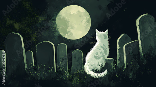 A phantom cat winding between gravestones, visible only in the soft glow of the moon. Phantom Glow. Illustration