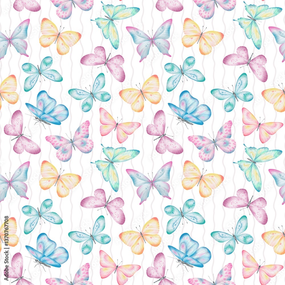 Fototapeta premium Seamless pattern with hand drawn colorful watercolor butterflies on wavy lines. Perfect for textile, wrapping paper, fabric, backdrop, wall hanging, scrapbooking, home decoration, bedding, wallpaper