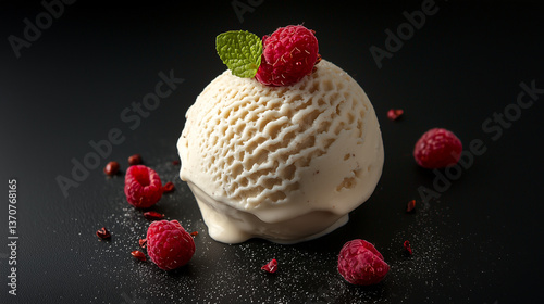 Eiskugel mit Himbeeren und Minze auf schwarzem Hintergrund