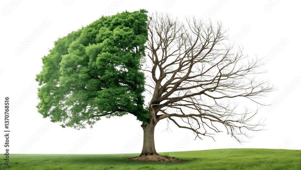 A single tree, half vibrant green, half starkly bare, symbolizes the delicate balance of life and death, growth and decay, against a bright white sky and lush green grass. A single tree, half vibrant green, half starkly bare, symbolizes the delicate balance of life and death, growth and decay, against a bright white sky and lush green grass.