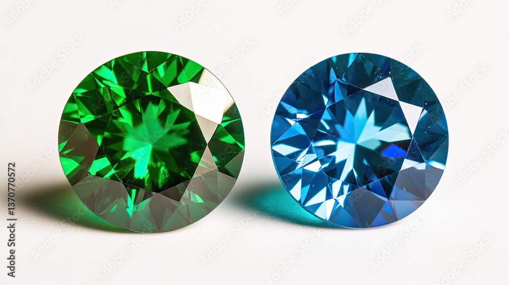 Fototapeta premium Round-shaped emerald and sapphire gems, showcased on a plain white surface