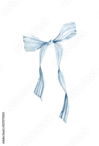 Watercolor Blue Bow Illustration: Elegant Ribbon Art for Design, Bow with Stripes, Ideal for Holiday and Wedding Projects
