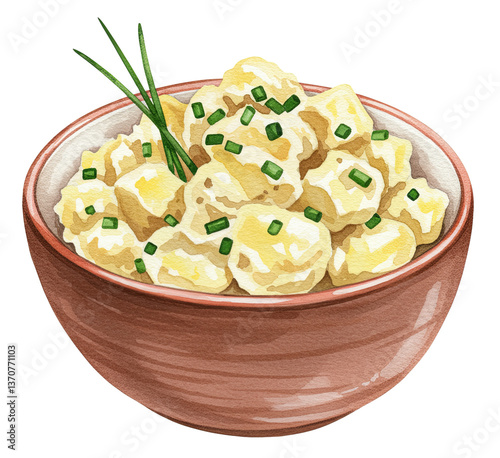 German potato salad with chives and creamy dressing, watercolour clipart illustration isolated on a transparent background