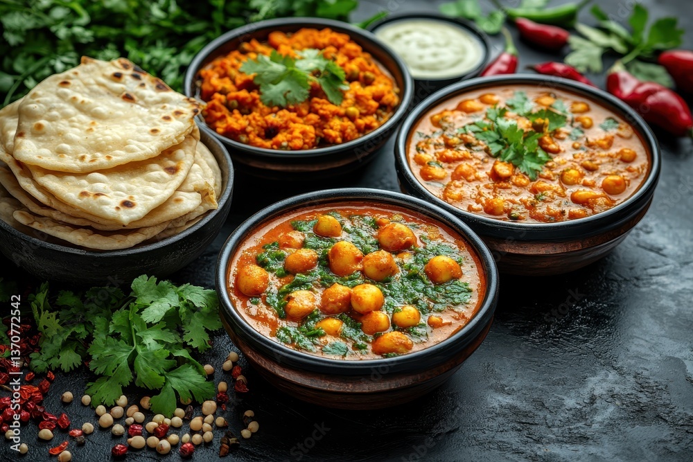 Colorful Indian dishes served in bowls with naan bread and garnished with fresh herbs and spices