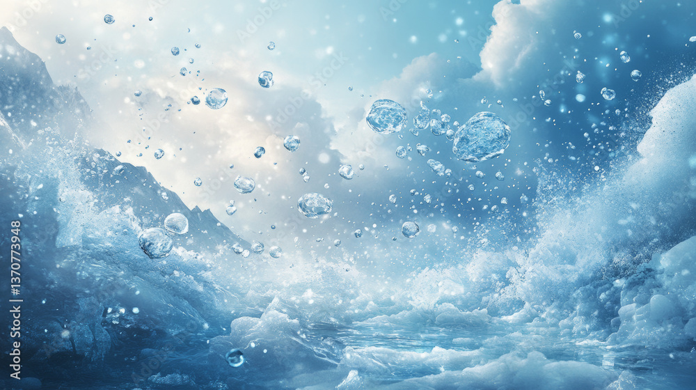Fototapeta premium Magic power strike effects set isolated on dark background. Vector cartoon illustration of ice pieces, white cloud of steam, laundry bubbles, clear blue water impact arrow trails, freshness symbols