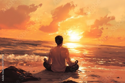 A man sits on the beach at sunset, facing away from the camera with his back to the viewer and his hands spread out in front of him