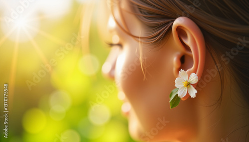 Gentle romance of a woman with a flower in her ear, sunlit garden