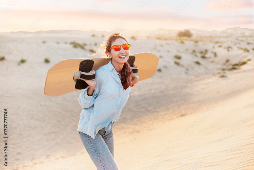 Young woman smiling while carrying a sandboard on her shoulders, walking through the desert at sunset, embracing the adventure and freedom