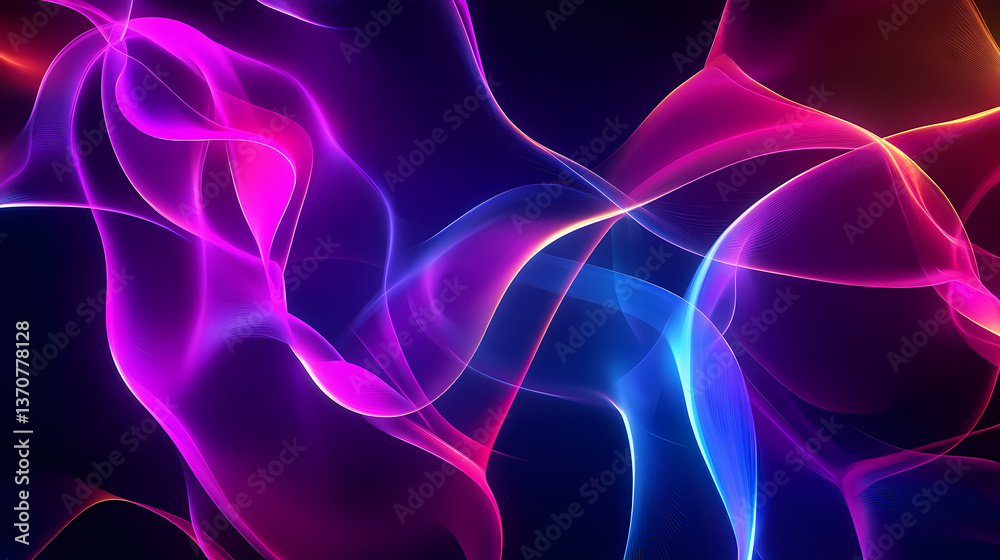 Naklejka premium Glowing neon lines on a dark background, with abstract shapes and colors , effects, digital art, light. Evaporating Light. Illustration
