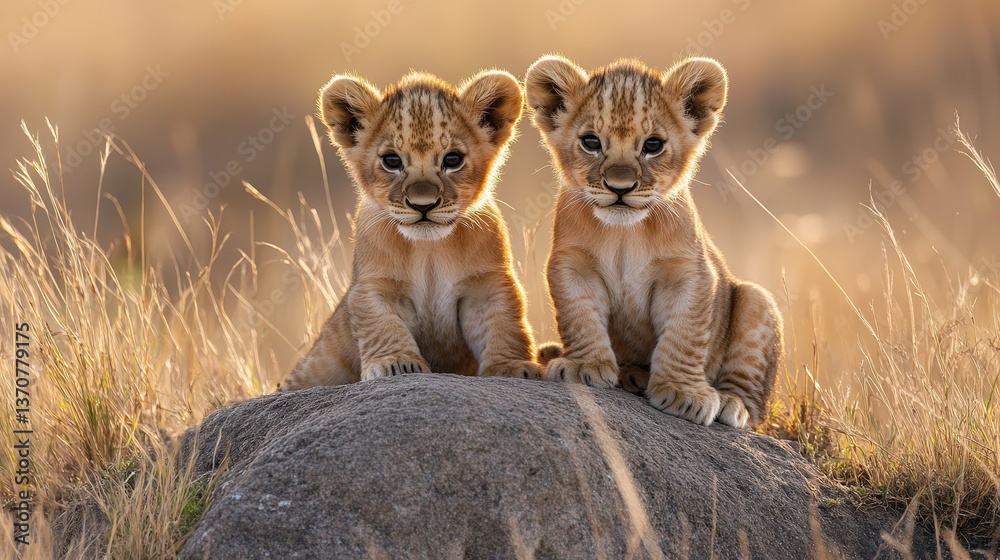 Obraz premium Playful lion cubs bask in sunlight atop a rocky perch, gazing directly at the camera. A heartwarming wildlife moment