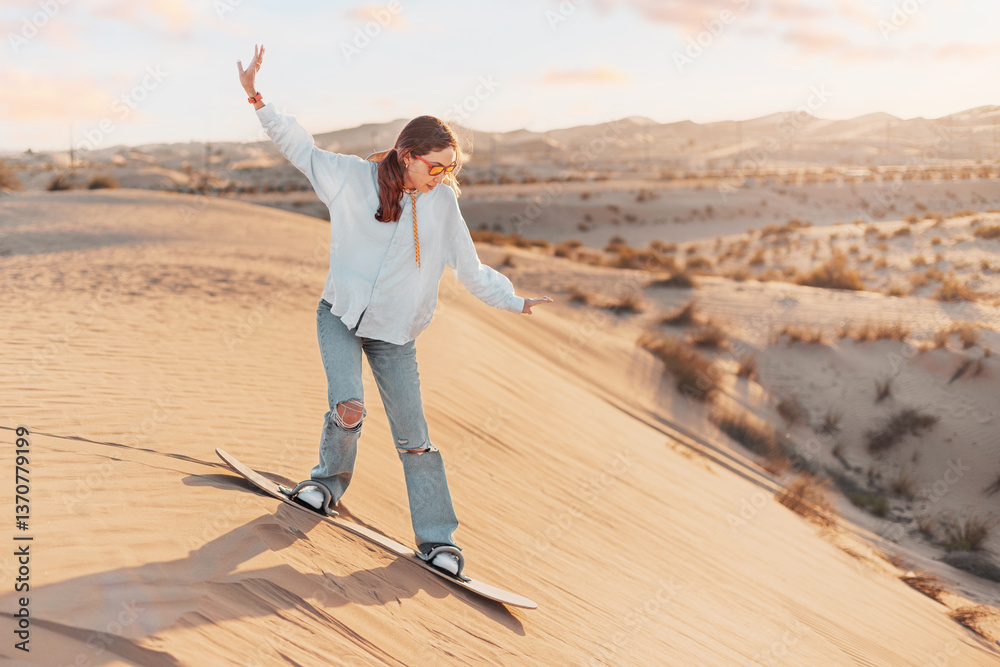 Tourist sandboarding down a sunlit dune in the desert, embracing the thrill and joy of adventure during a stunning sunset