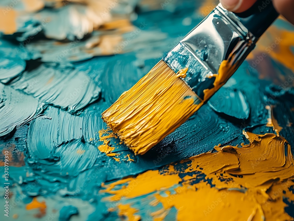 A yellow paint brush applying color to a canvas surface A yellow paint brush applying color to a canvas surface