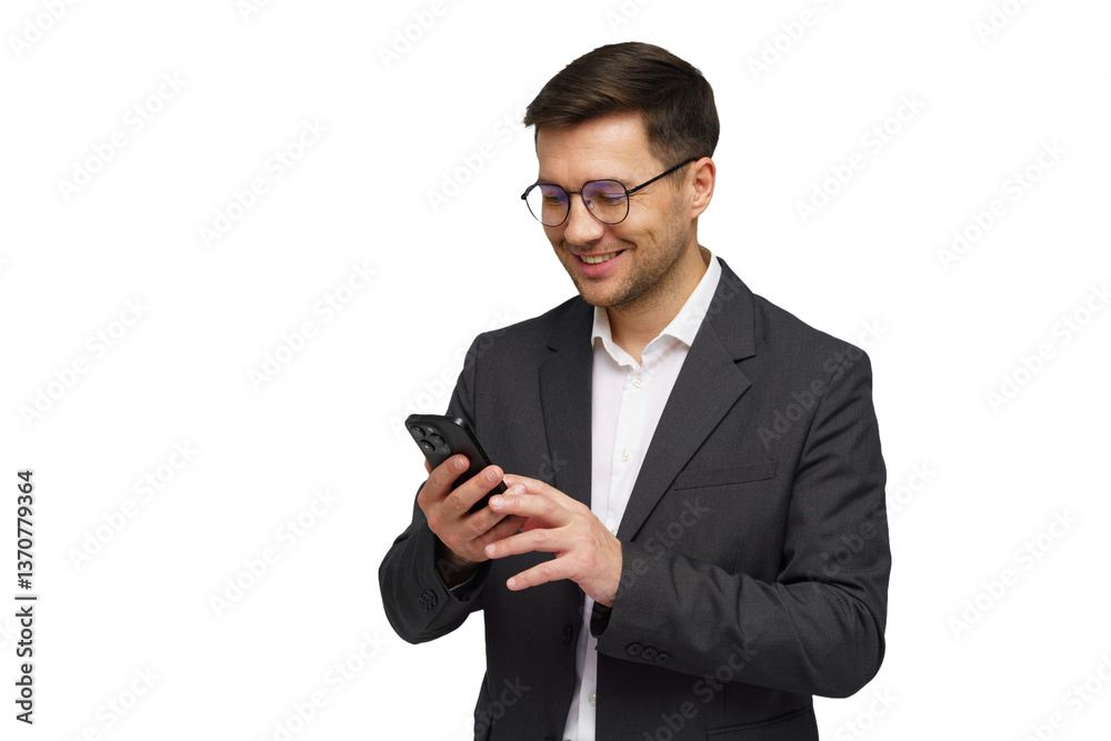 Professional man in a suit smiles while using a smartphone in a bright, minimal setting Professional man in a suit smiles while using a smartphone in a bright, minimal setting