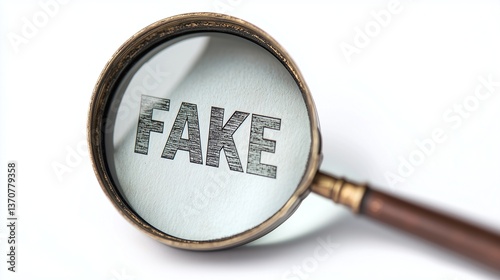 Magnifying glass focusing on fake word, revealing fake news concept