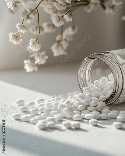Spilled white pills still life zinc mockup