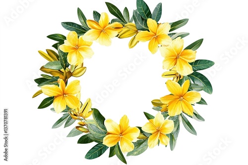Indian floral wreath with yellow flowers and mango leaves. Traditional decoration for wedding, hindu holidays. Isolated on white. Vector border ring