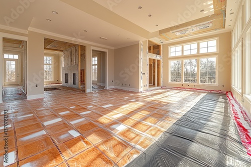 Construction site spacious room with large windows. New build  radiant floor heating installed