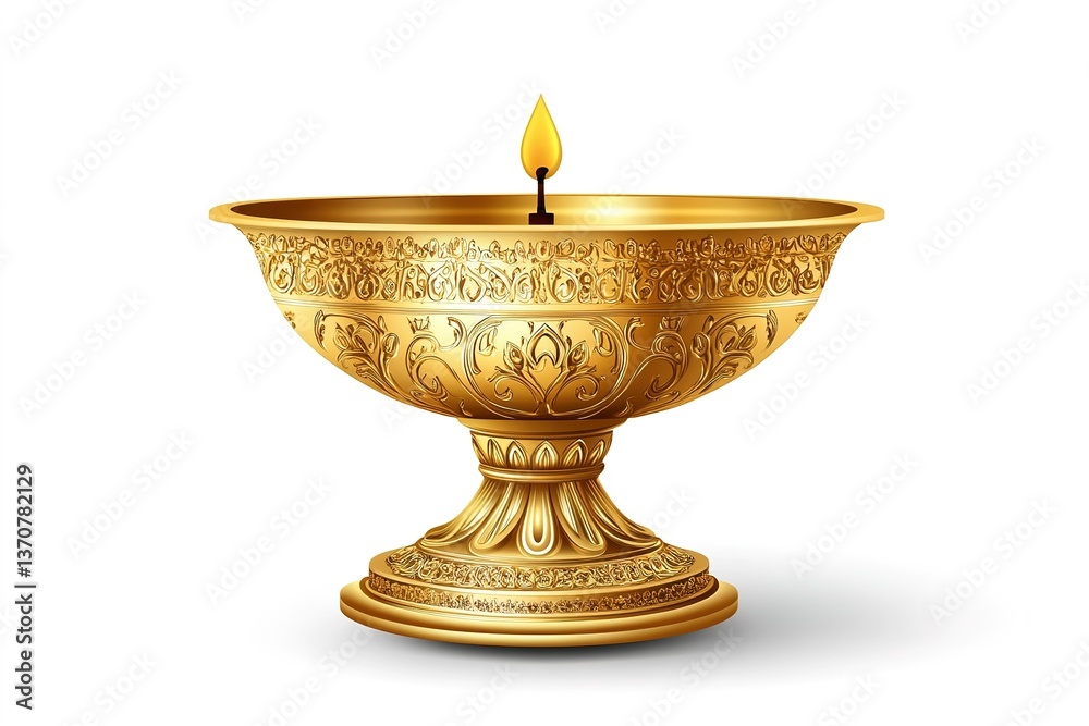 Indian gilded oil lamp diya rule of third isolated on white. Traditional element for ritual and religious ceremonies. Vector illustration Indian gilded oil lamp diya rule of third isolated on white. Traditional element for ritual and religious ceremonies. Vector illustration