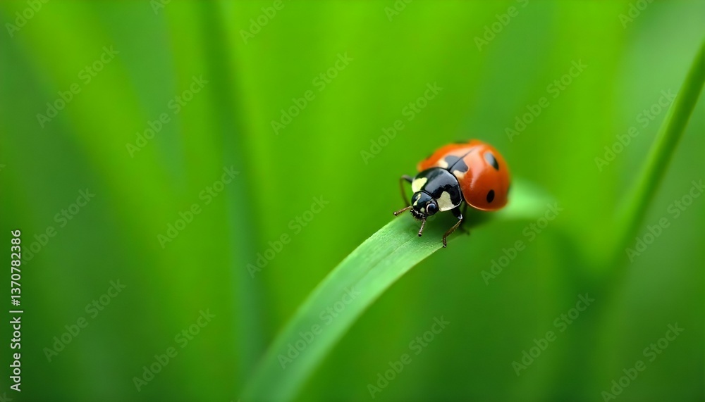 A macro photograph captures a ladybug perched on a blade of grass, set against a backdrop of lush greenery A macro photograph captures a ladybug perched on a blade of grass, set against a backdrop of lush greenery
