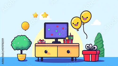 A vibrant cartoon scene of a happy celebration gathering