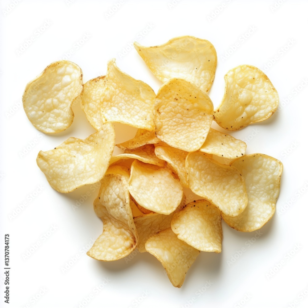 Crispy golden potato chips on white background – top view snack food image perfect for packaging, advertising, menus, fast food concepts, and digital design Crispy golden potato chips on white background – top view snack food image perfect for packaging, advertising, menus, fast food concepts, and digital design