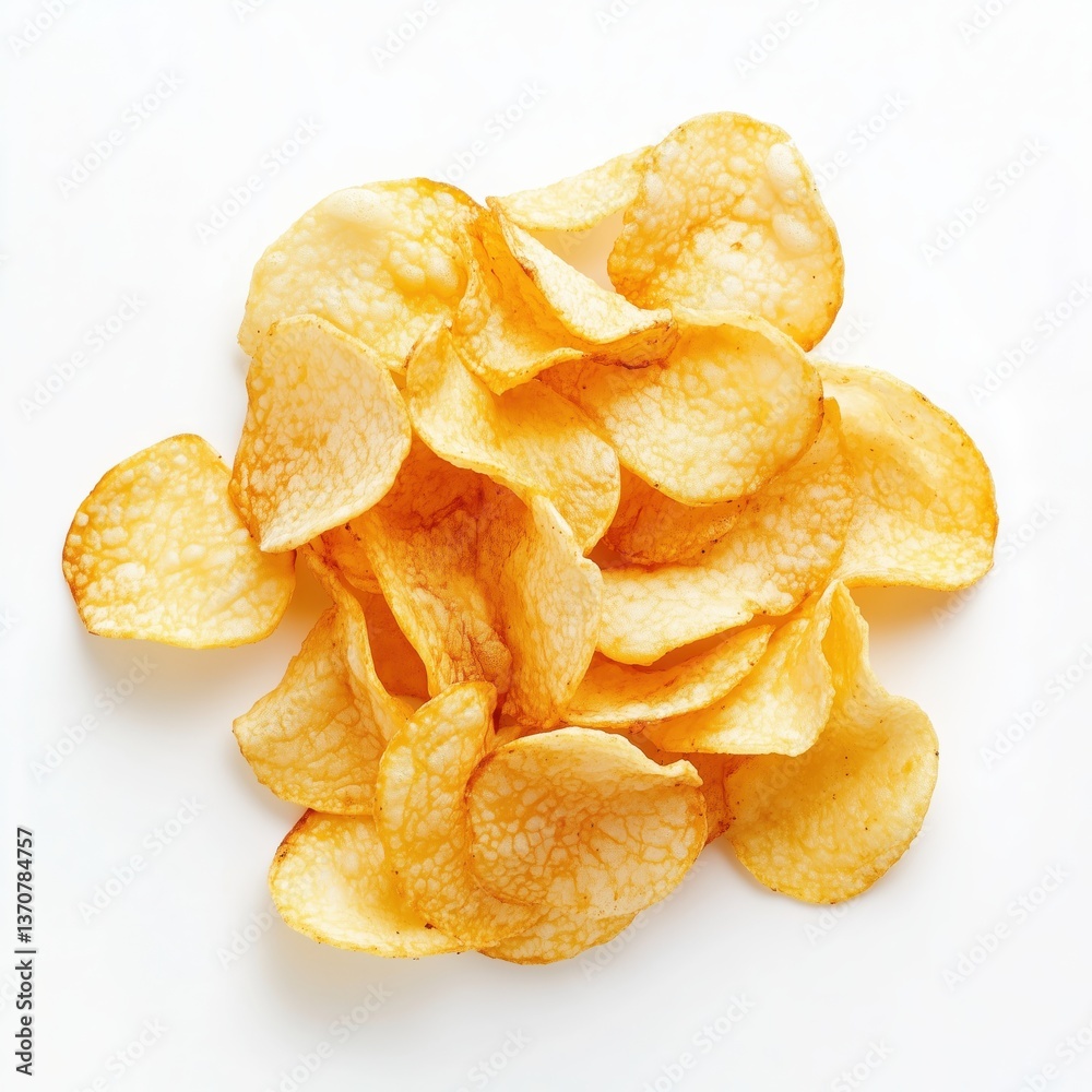 Crispy golden potato chips on white background – top view snack food image perfect for packaging, advertising, menus, fast food concepts, and digital design Crispy golden potato chips on white background – top view snack food image perfect for packaging, advertising, menus, fast food concepts, and digital design