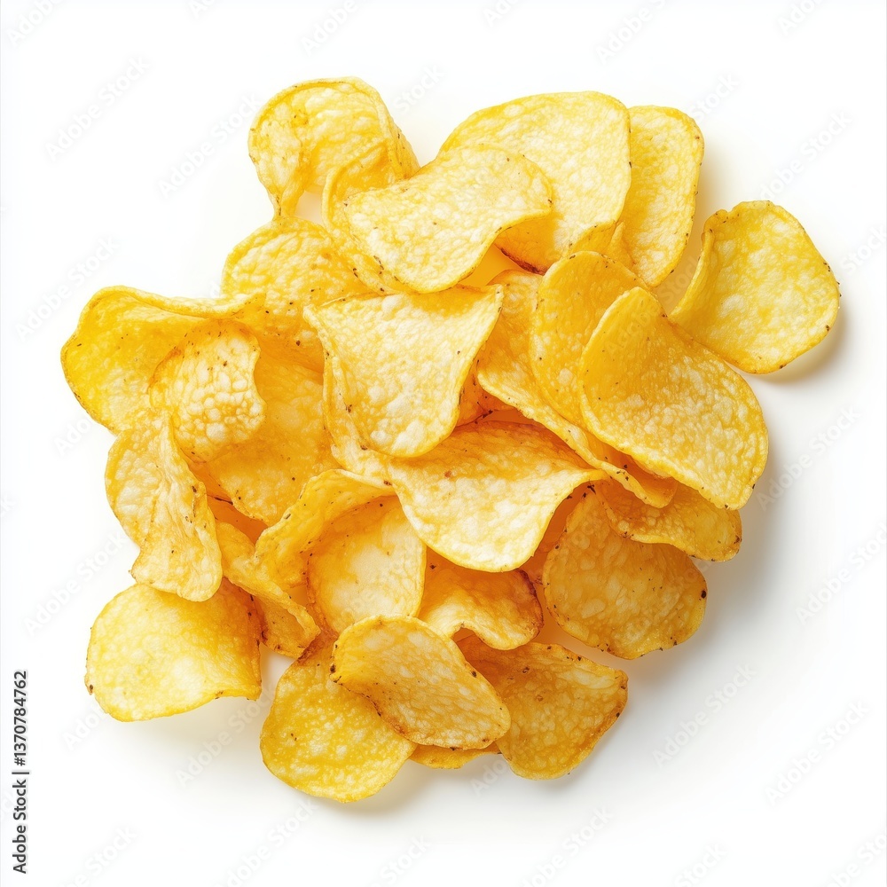 Crispy golden potato chips on white background – top view snack food image perfect for packaging, advertising, menus, fast food concepts, and digital design Crispy golden potato chips on white background – top view snack food image perfect for packaging, advertising, menus, fast food concepts, and digital design