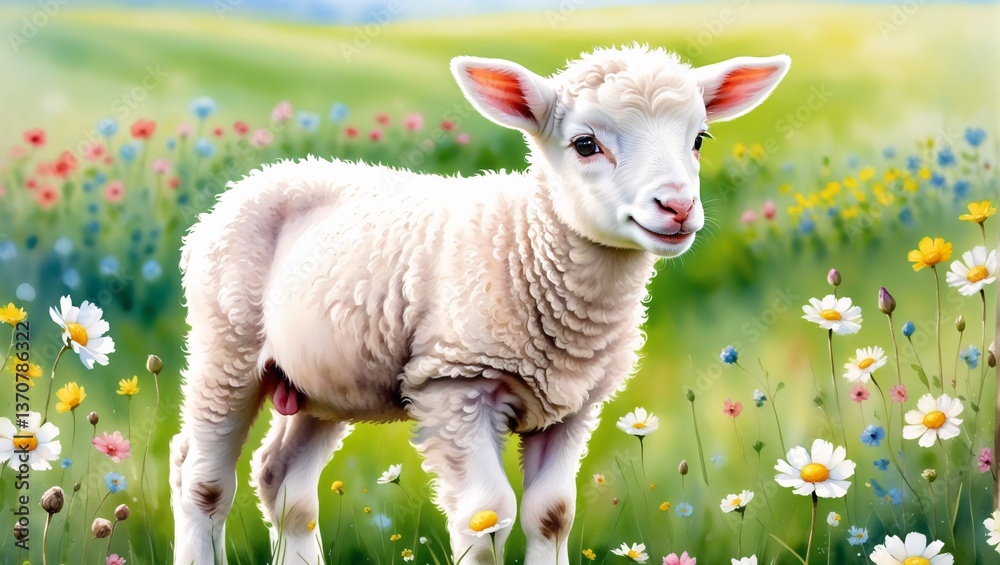 White sheep on green grass floral meadow