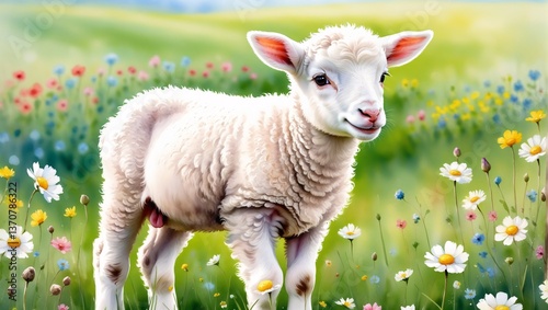 Obraz na płótnie White sheep on green grass floral meadow w salonie