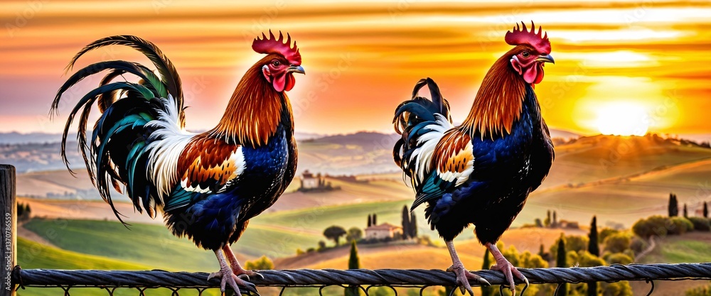 Colorful rooster bird against Italy landscape.