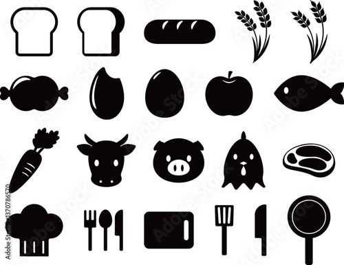 食のアイコン21種セット　モノトーン