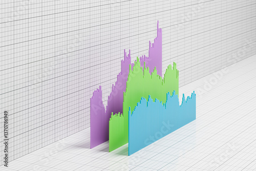 Bar chart of historical prices of securities, stocks, bonds or commodities or financial figures arranged in 3d on scale paper background. Copy space