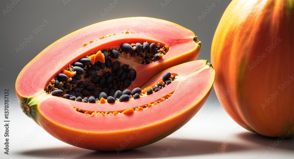 Cut papaya with seeds. Healthy fruit. Summer food.
