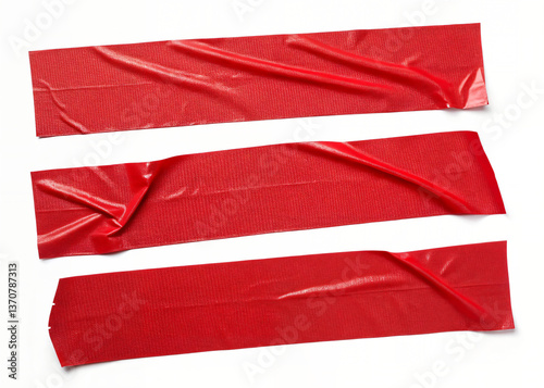 Top view set of red scotch tape or adhesive vinyl tape in stripes isolated on white background