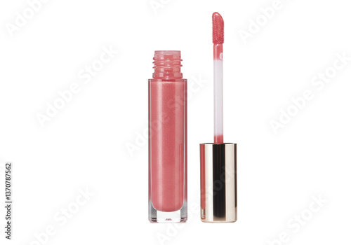Hydrating lip gloss in clear tube with doe-foot applicator isolated on white background