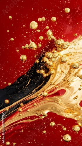 Swirling liquid gold against a striking red background, creating a dynamic and luxurious abstract composition with textured golden bubbles