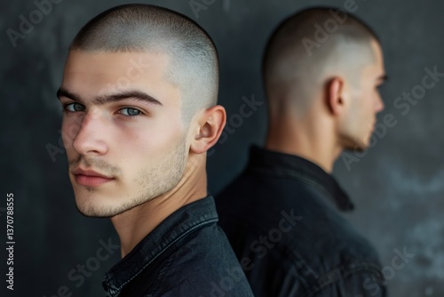 Two models with buzz cut hairstyles posing back to back, wearing stylish black shirts, exuding a contemporary and edgy vibe