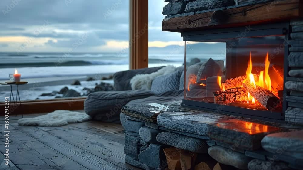 Cozy living space with a fireplace and ocean view during sunset at a beach house